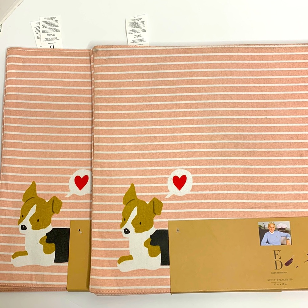 Ellen Degeneres | Pink & White Striped Set Of 4 Placemats | Dog Front Design NWT